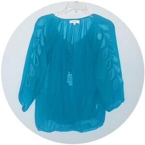 Umgee Teal Blue Cutout Sleeve Tassel Boho keyhole Top Small